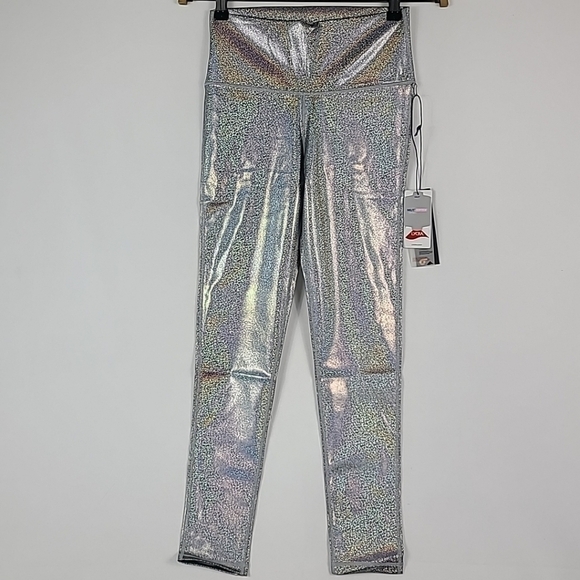 Mono B Pants - NEW Mono B Women Silver Foil Out Of This World Lycra Nilit Softex Leggings Sz M
